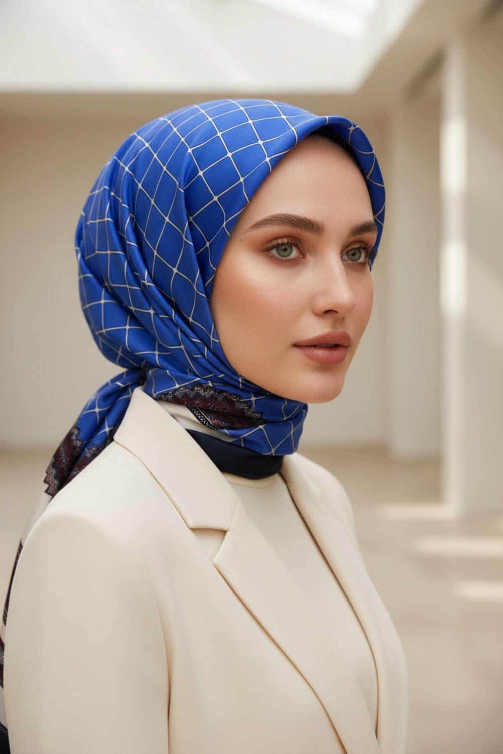 %100 Saf İpek Şal İnce Saten Vual Dokuma Etnik Desenli Saks - Lacivert Renkli 90x210 Şal