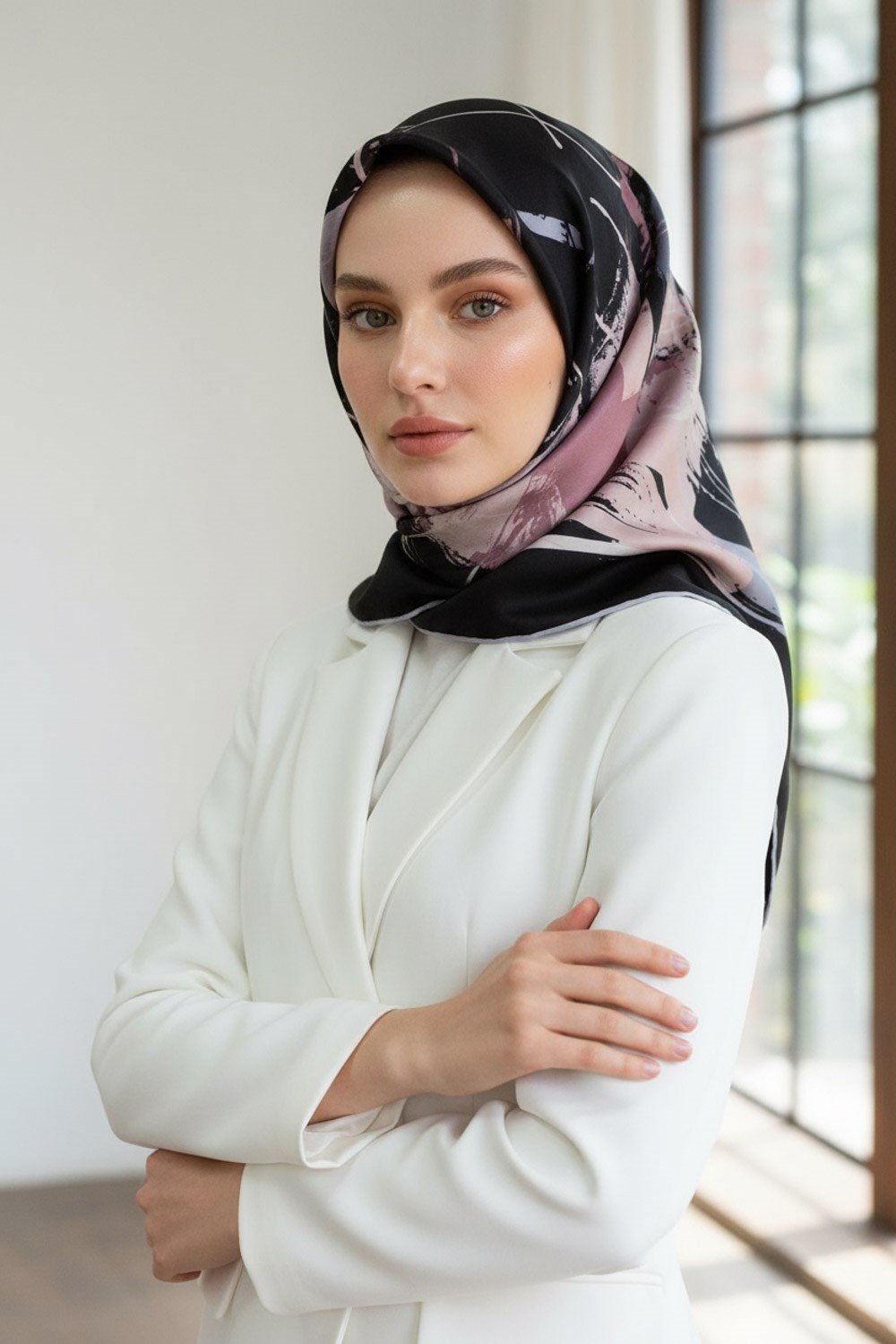 % 57 İPEK % 43 VİSKON Twill İpek Geometrik Desenli Siyah - Pudra Renkli 90x90 Eşarp Dikim Şekli : El Dikişi