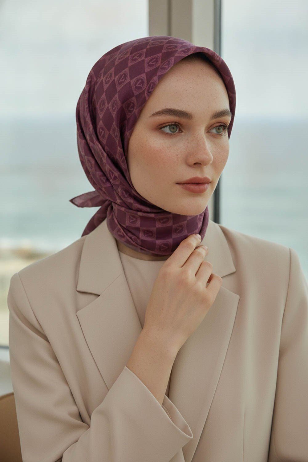 %100 Twill İpek Monogram Desenli Gül Kurusu Renkli 90x90 Eşarp Dikim Şekli : El Dikişi