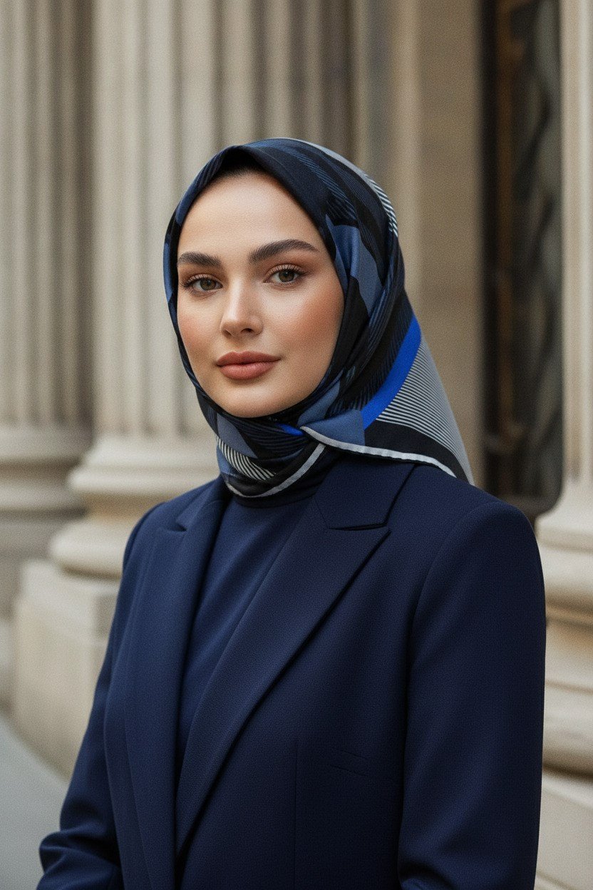 %100 Twill İpek Eşarp 90x90 Saks Siyah Geometrik Desenli El Dikişli Kadın Eşarp