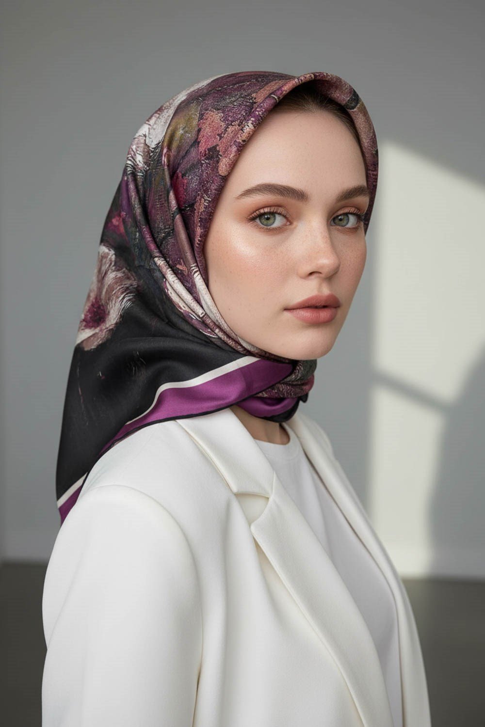 %100 Twill İpek Yağlı Boya Çiçek Desenli Mürdüm - Petrol Yeşili Renkli 90x90 Eşarp Dikim Şekli : El Dikişi