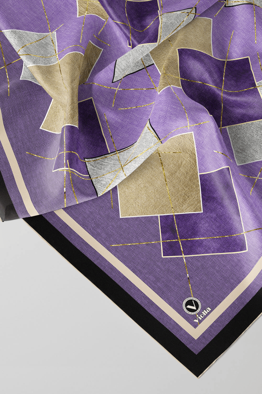 Twill Geometrik Desenli Lila Renkli 90x90 Eşarp (İpek İçermez) Kenar Dikiş Şekli El Dikişli