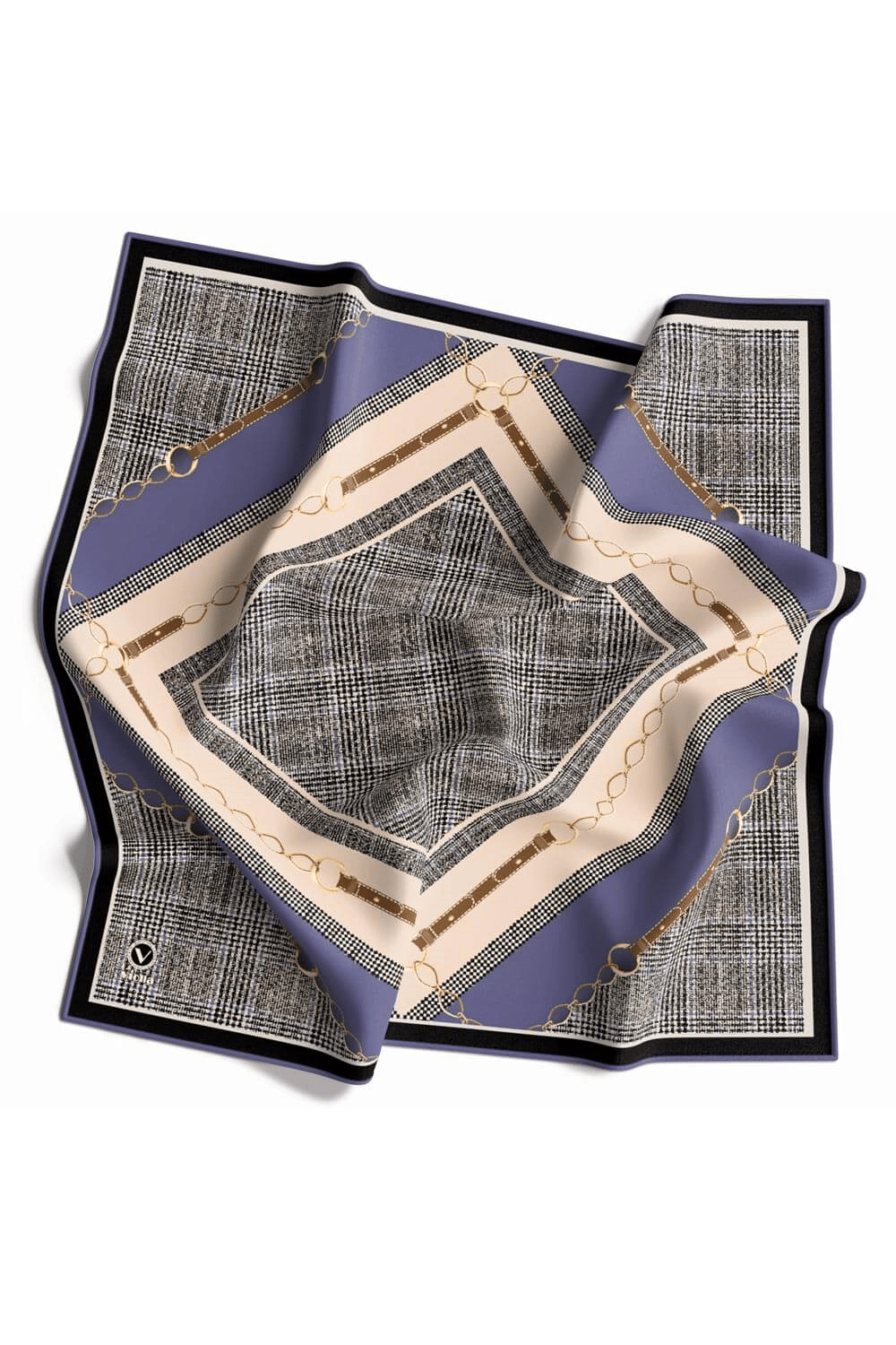Twill Kemer ve Zincir Detaylı Ekose Desenli İndigo Renkli 90x90 Eşarp (İpek İçermez) Kenar Dikiş Şekli El Dikişli