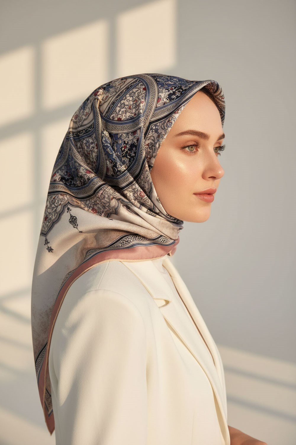 % 57 İPEK % 43 VİSKON Twill İpek Şal Desenli Pudra - Bebe Mavisi Renkli 90x90 Eşarp Dikim Şekli : El Dikişi