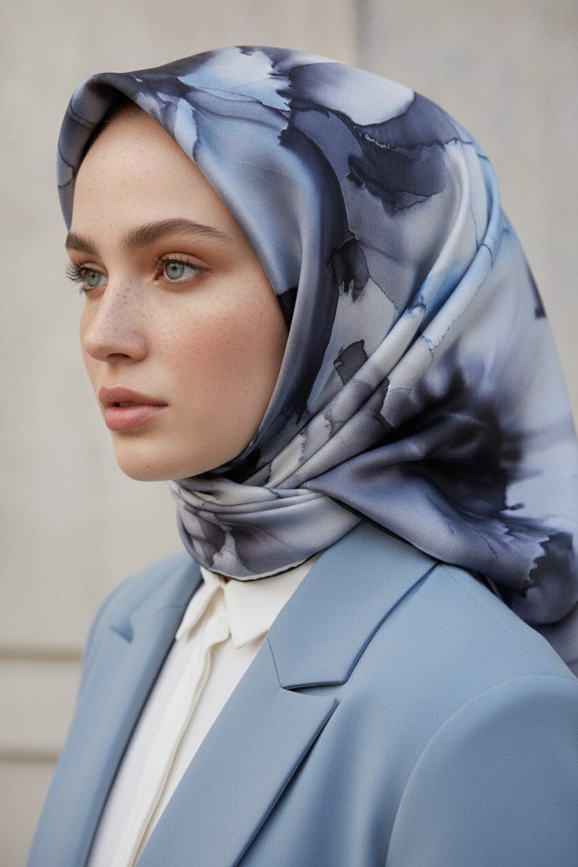 % 57 İPEK % 43 VİSKON Twill İpek Batik Çiçek Desenli Gri - İndigo Renkli 90x90 Eşarp Kenar Dikiş Şekli El Dikişli