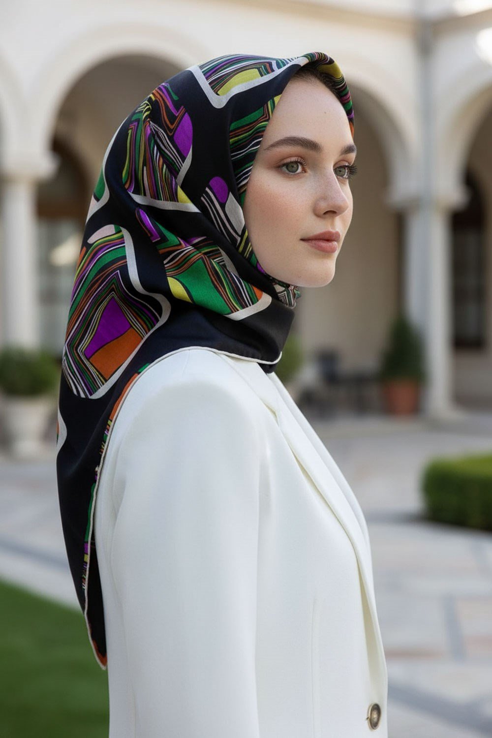 %100 Twill İpek Geometrik Kare Desenli Siyah - Zümrüt Yeşili Renkli 90x90 Eşarp Dikim Şekli : El Dikişi
