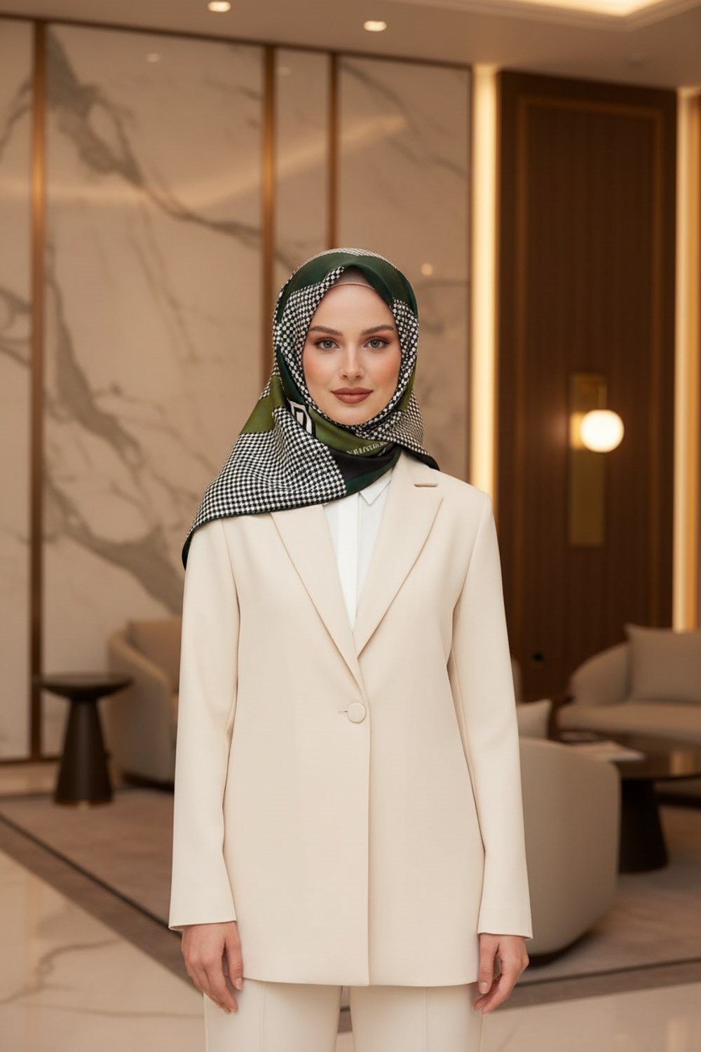 %100 Twill İpek Kazayağı Desenli Zümrüt Yeşili - Haki Renkli 90x90 Eşarp Dikim Şekli : El Dikişi