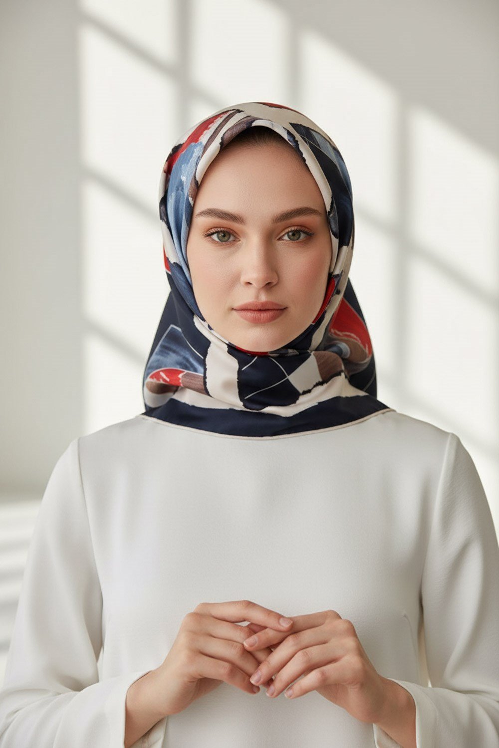 %100 Twill İpek Geometrik Desenli Lacivert - Kırmızı Renkli 90x90 Eşarp Dikim Şekli : El Dikişi