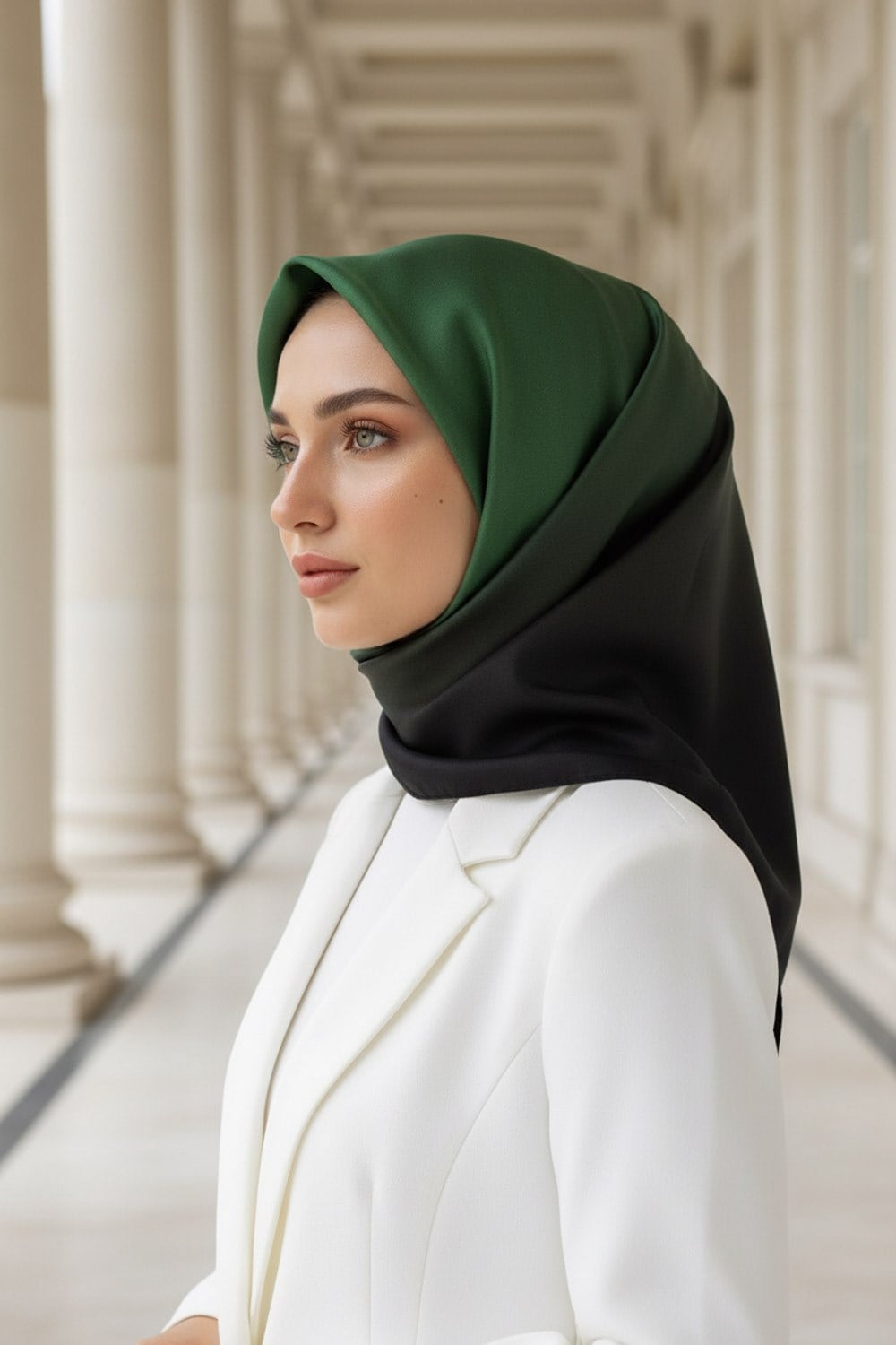 %100 Twill İpek Degrade Desenli Zümrüt Yeşili Renkli 90x90 Eşarp Dikim Şekli : El Dikişi
