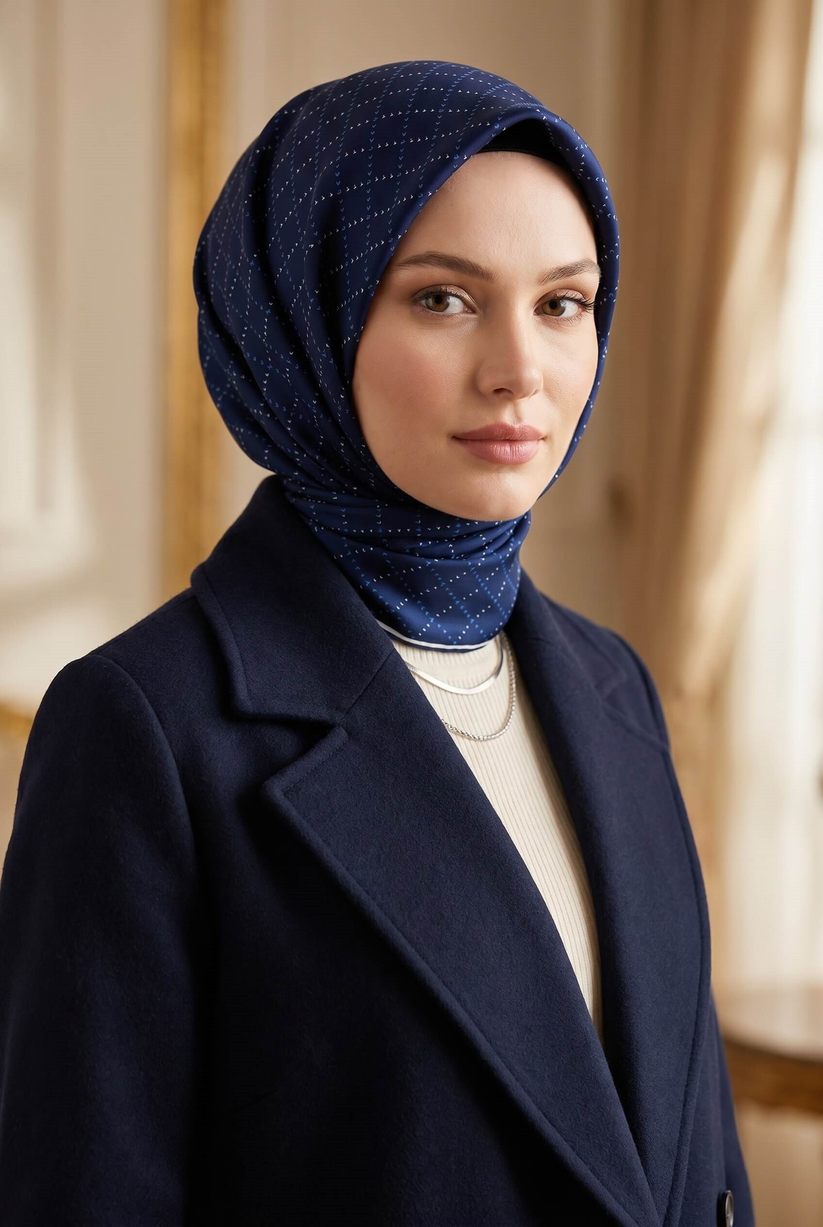 %100 Twill İpek Minik V Desenli Lacivert Renkli 90x90 Eşarp Dikim Şekli : El Dikişi