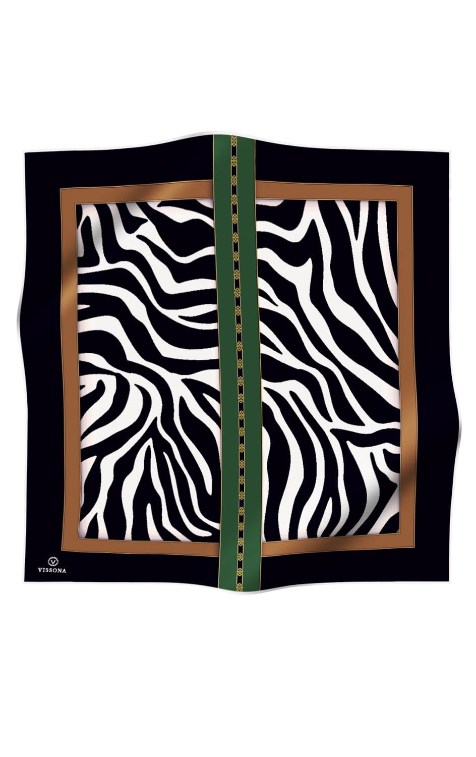 %100 Twill İpek Zebra Desenli Vizon - Zümrüt Yeşili Renkli 90x90 Eşarp Kenar Dikiş Şekli El Dikişli