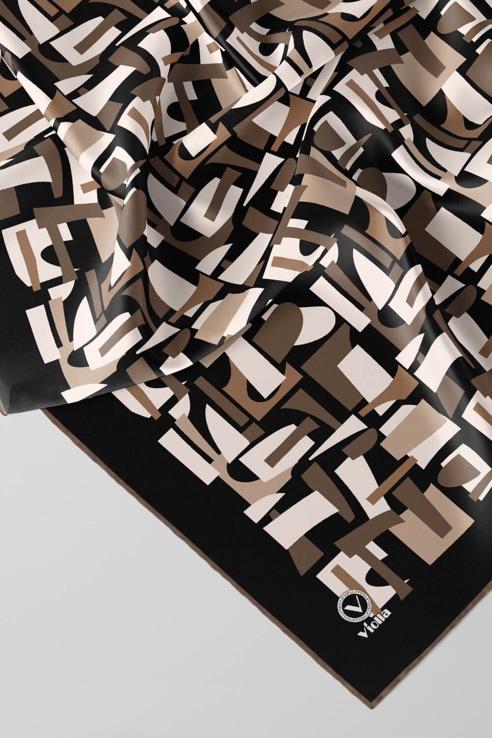 Twill Geometrik Desenli Bej - Vizon Renkli 90x90 Eşarp (İpek İçermez) Dikim Şekli : El Dikişi