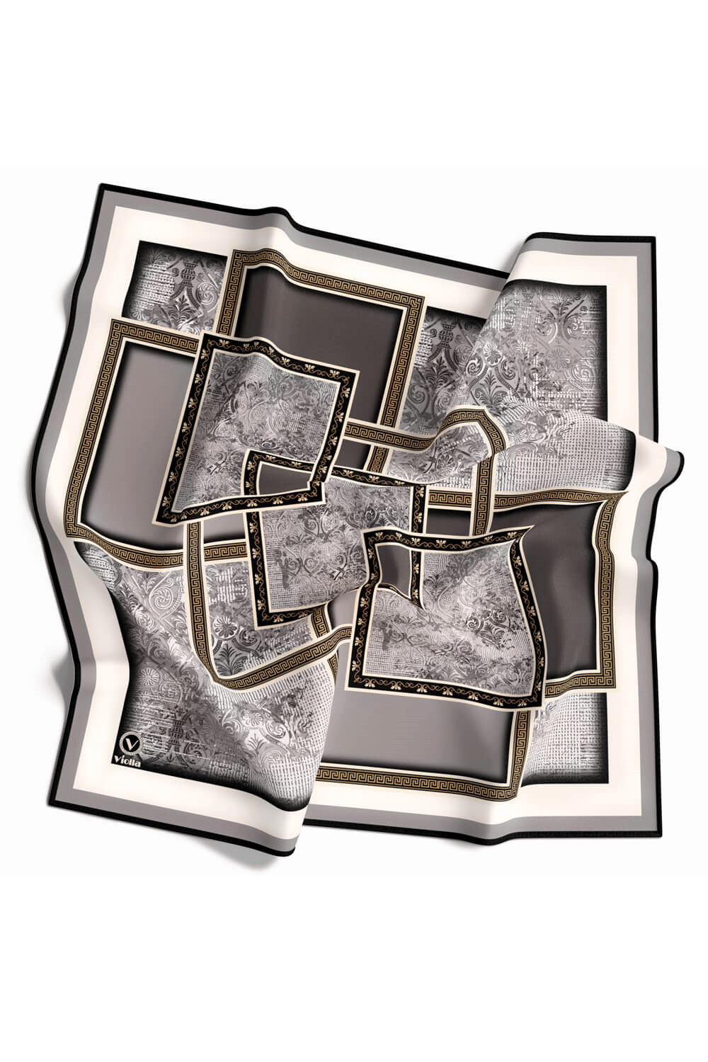 Twill Geometrik Desenli Gri Renkli 90x90 Eşarp (İpek İçermez) Kenar Dikiş Şekli El Dikişli