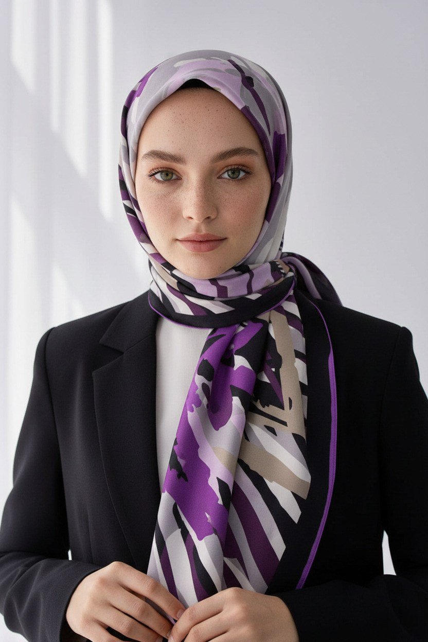 KREP ZEBRA VE ÇİÇEK DESENLİ LİLA RENKLİ 75X195 KIRIŞMAZ ŞAL