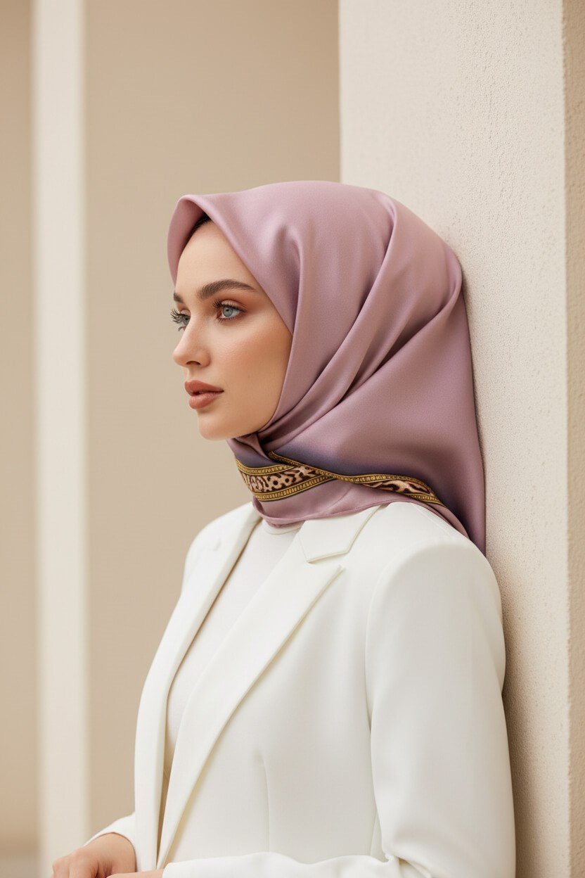 %100 Twill İpek Bordürü Leoparlı Düz Desenli Pudra - Gold Renkli 90x90 Eşarp Dikim Şekli : El Dikişi