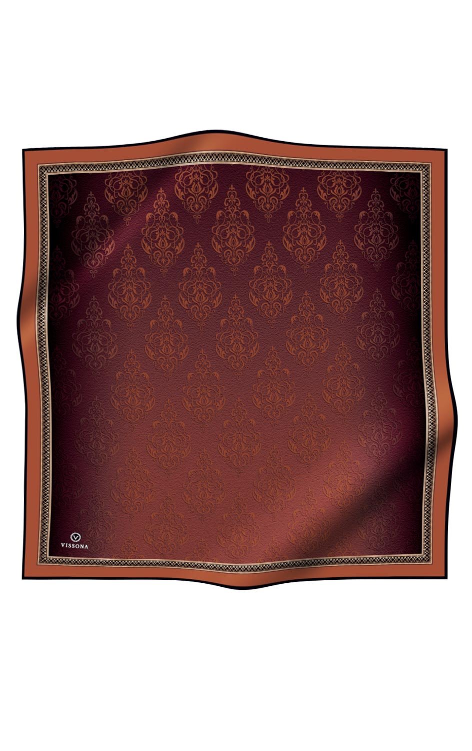 % 57 İPEK % 43 VİSKON Twill Barok Desenli Taba Renkli 90x90 Eşarp Dikim Şekli: El Dikişi