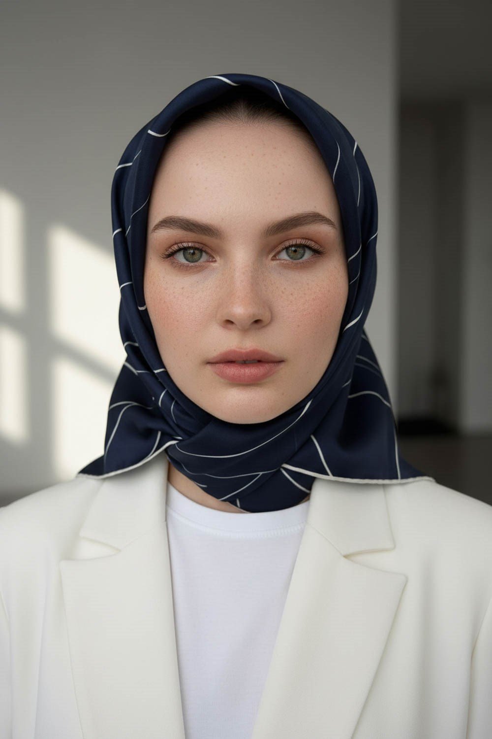 %100 Twill İpek Çizgi Desenli Lacivert - Krem Renkli 90x90 Eşarp Dikim Şekli : El Dikişi