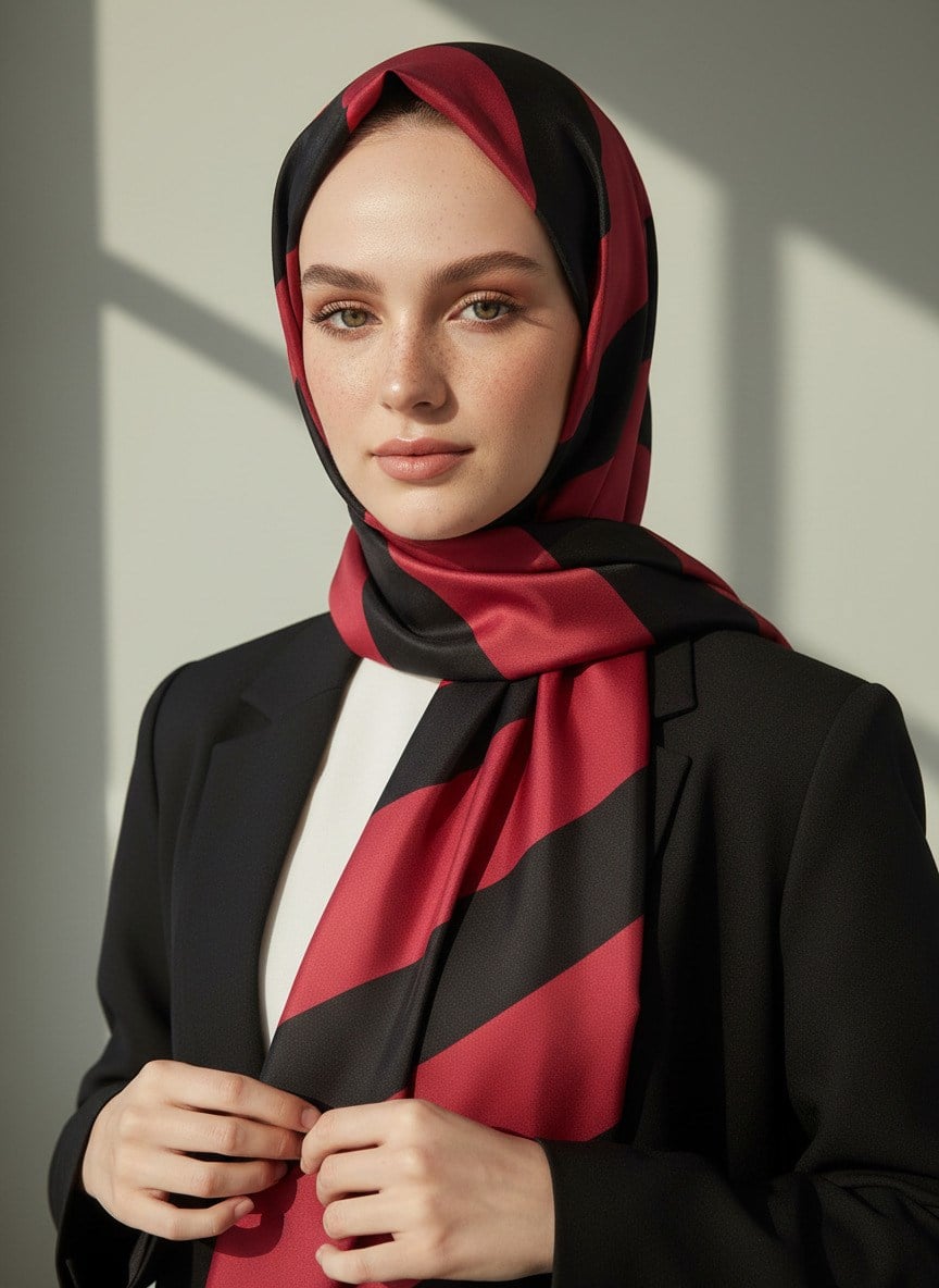 %100 Saf İpek Şal İnce Saten Vual Dokuma Çizgili Desenli Bordo - Siyah Renkli 90x210 Şal