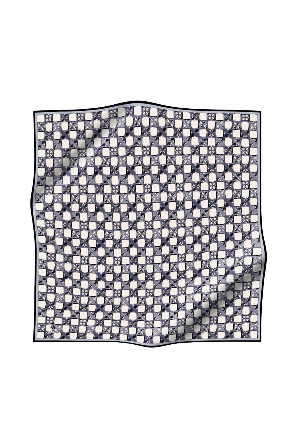 %100 Twill İpek Geometrik Desenli Krem - Gri Renkli 90x90 Eşarp Dikim Şekli : El Dikişi