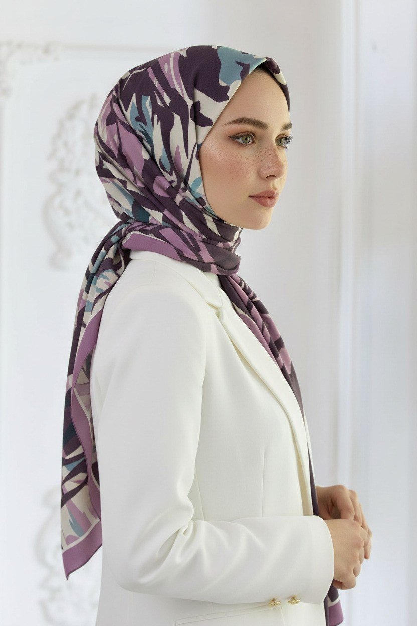 KREP GEOMETRİK DESENLİ LİLA RENKLİ 75X195 KIRIŞMAZ ŞAL