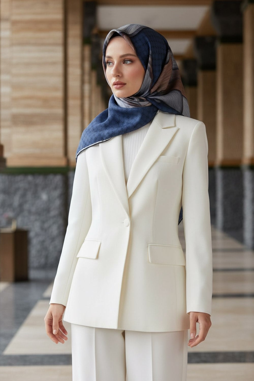 100% Twill Geometrik Halka Desenli İndigo - Gri Renkli 90x90 Dikim Şekli : El Dikişi Eşarp