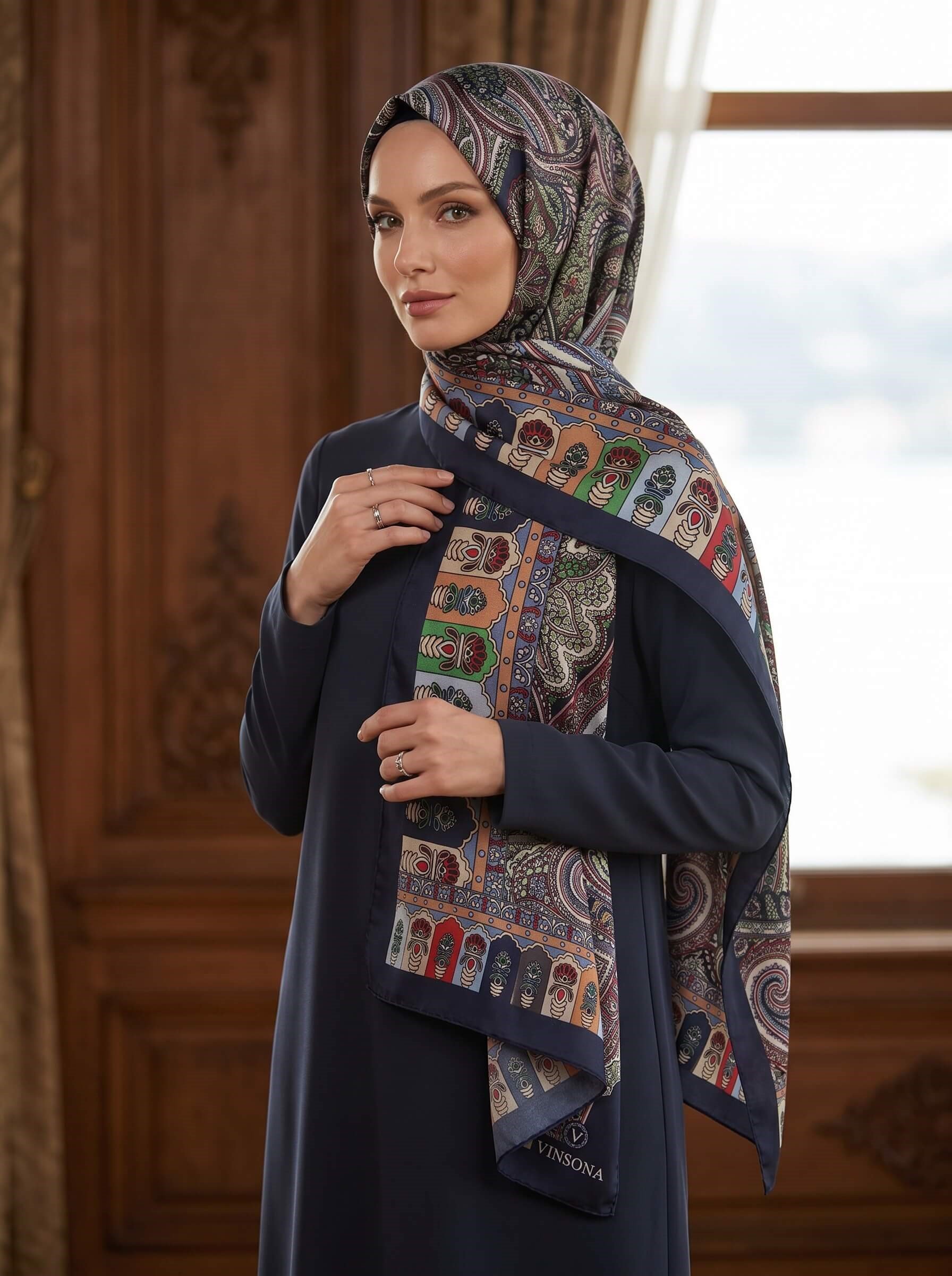 %100 Saf İpek Şal İnce Saten Vual Dokuma Etro Desenli Lacivert - Fıstık Yeşili Renkli 90x210 Şal