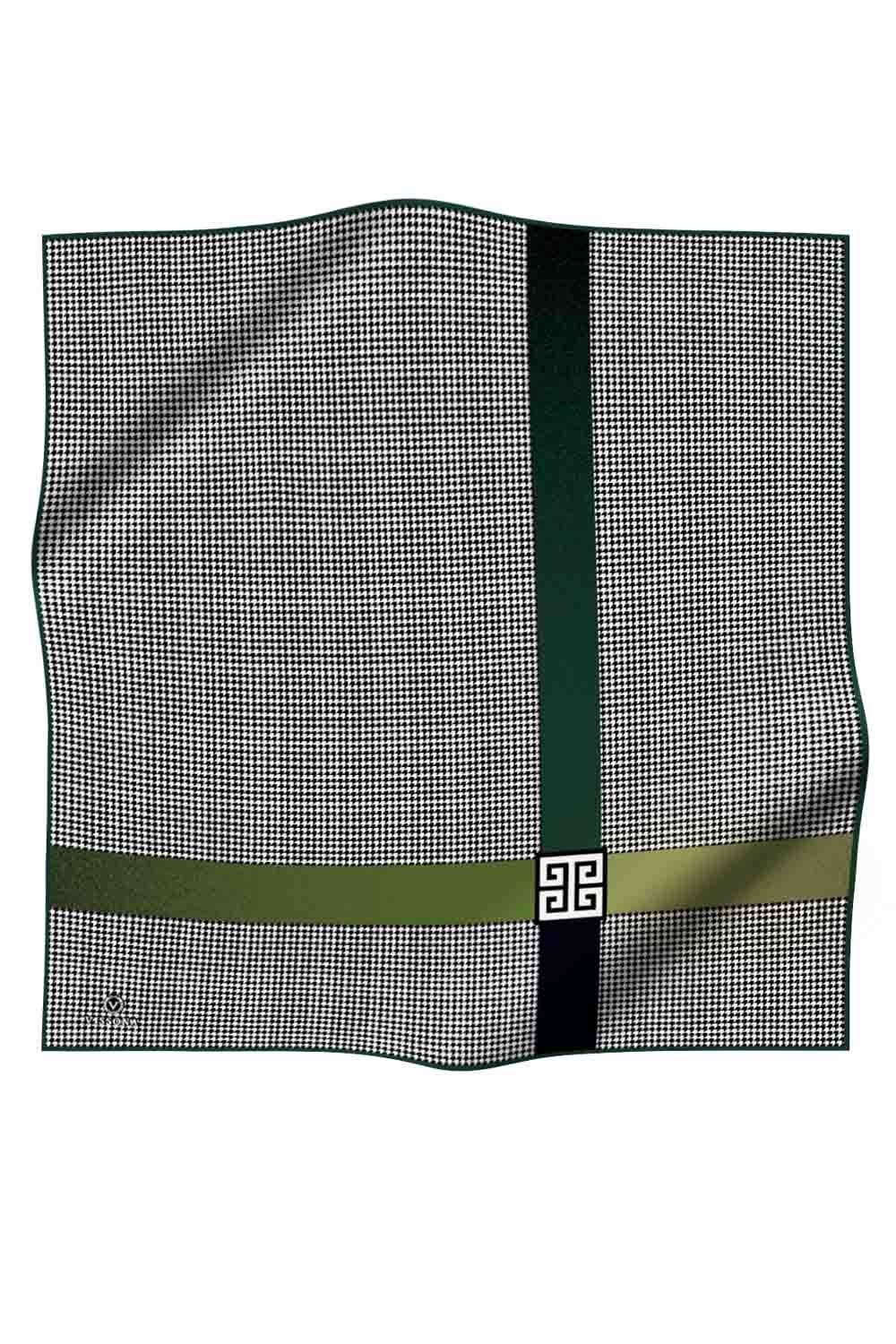%100 Twill İpek Kazayağı Desenli Zümrüt Yeşili - Haki Renkli 90x90 Eşarp Dikim Şekli : El Dikişi