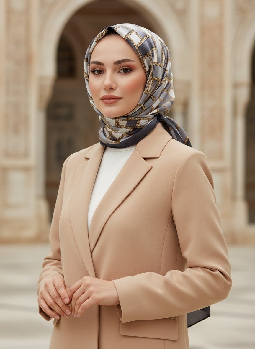 %100 Saf İpek Şal İnce Saten Vual Dokuma Kemer Desenli Siyah - Füme Renkli 90x210 Şal