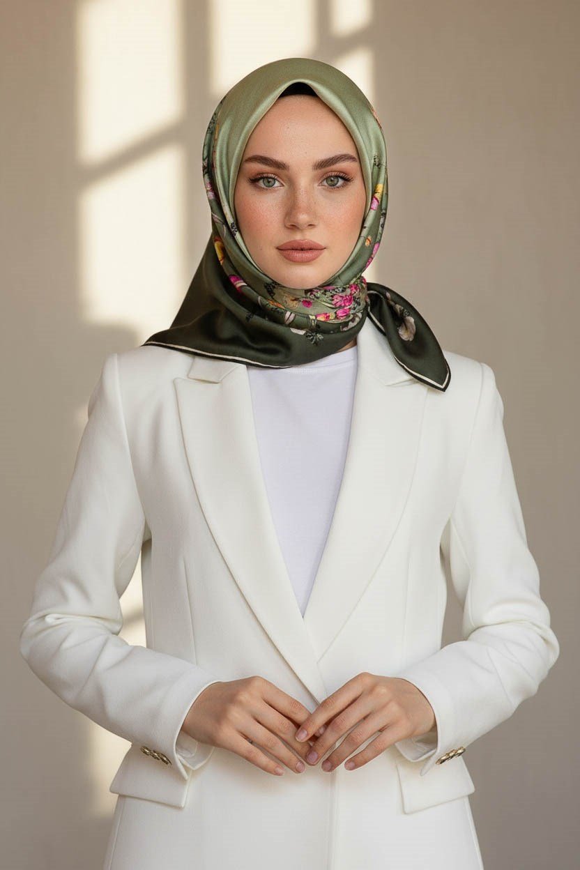 %100 Twill İpek Sonsuz Çiçek Desenli Haki Renkli 90x90 Eşarp Dikim Şekli : El Dikişi