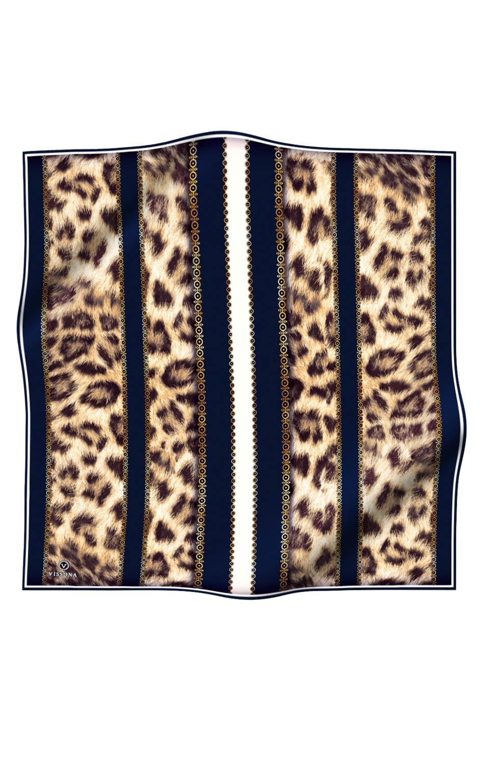 %100 Twill İpek Leopar Desenli Lacivert - Krem Renkli 90x90 Eşarp Dikim Şekli : El Dikişi