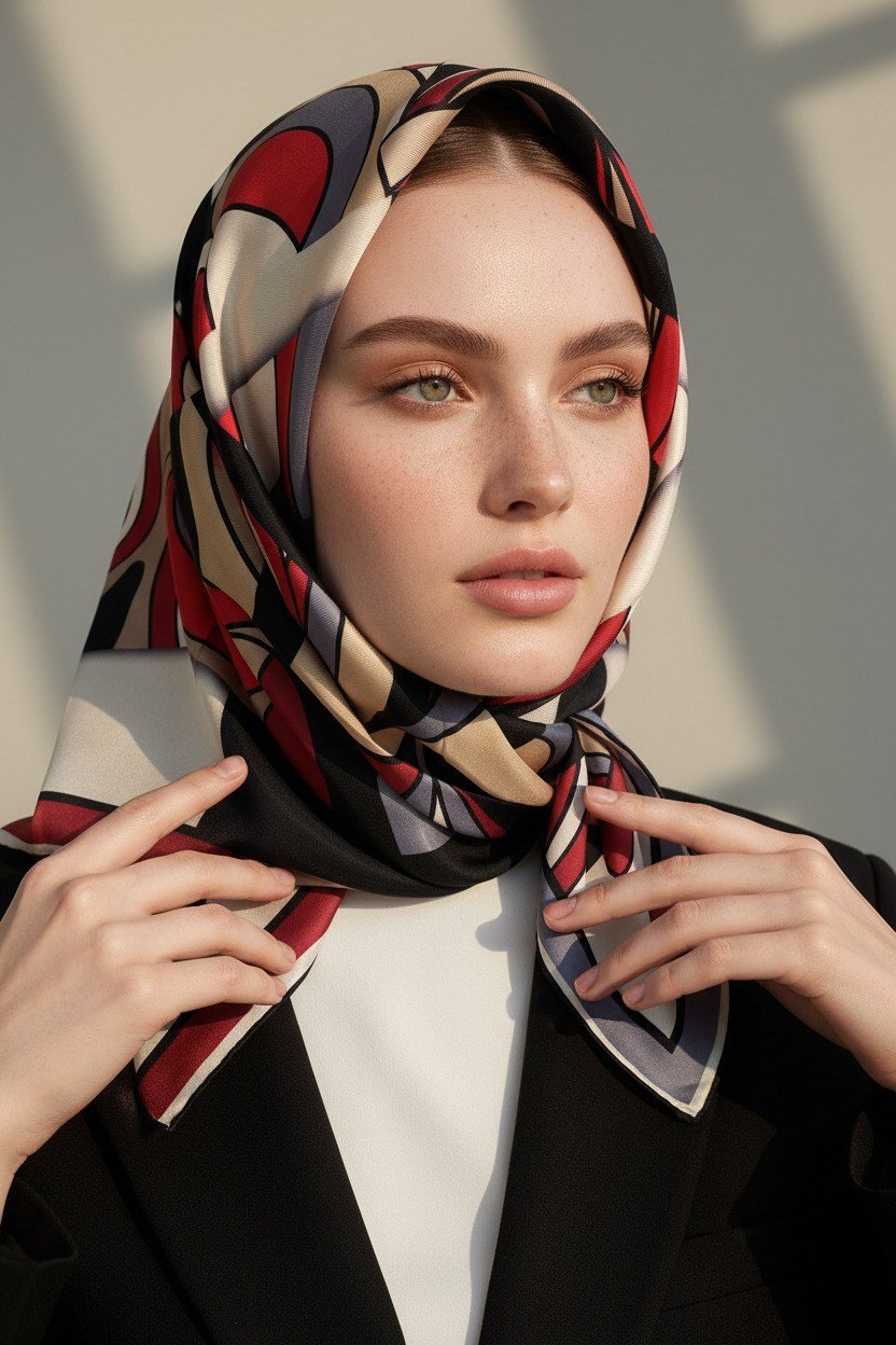 % 57 İPEK % 43 VİSKON Twill İpek Geometrik Desenli Bej - Kırmızı Renkli 90x90 Dikim Şekli : El Dikişi Eşarp