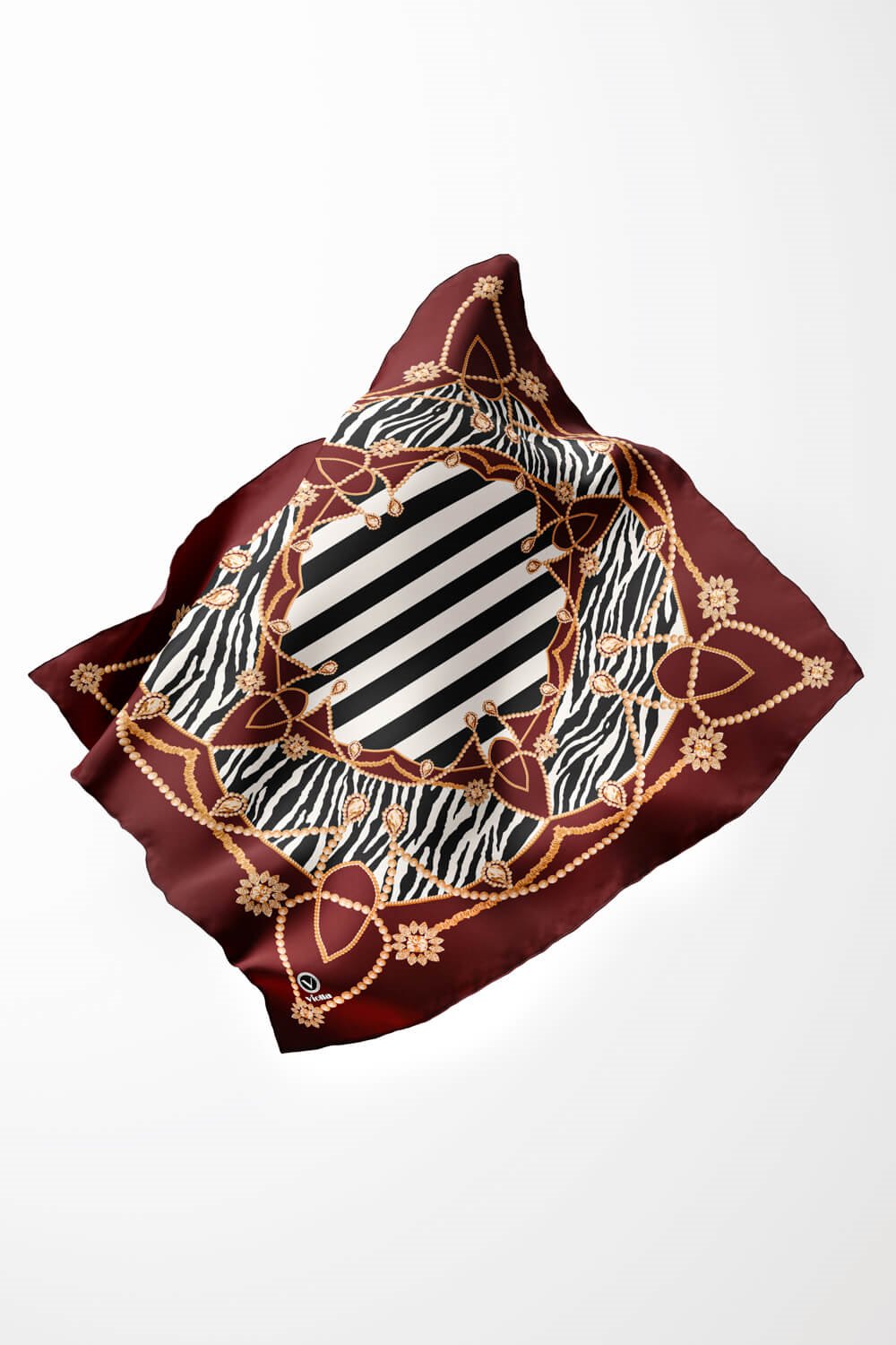 Twill Gold Detaylı Zebra Desenli Bordo Renkli 90x90 Eşarp (İpek İçermez) Kenar Dikiş Şekli El Dikişli