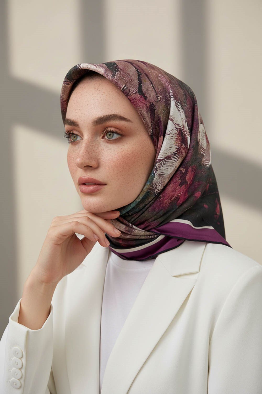 %100 Twill İpek Yağlı Boya Çiçek Desenli Mürdüm - Petrol Yeşili Renkli 90x90 Eşarp Dikim Şekli : El Dikişi