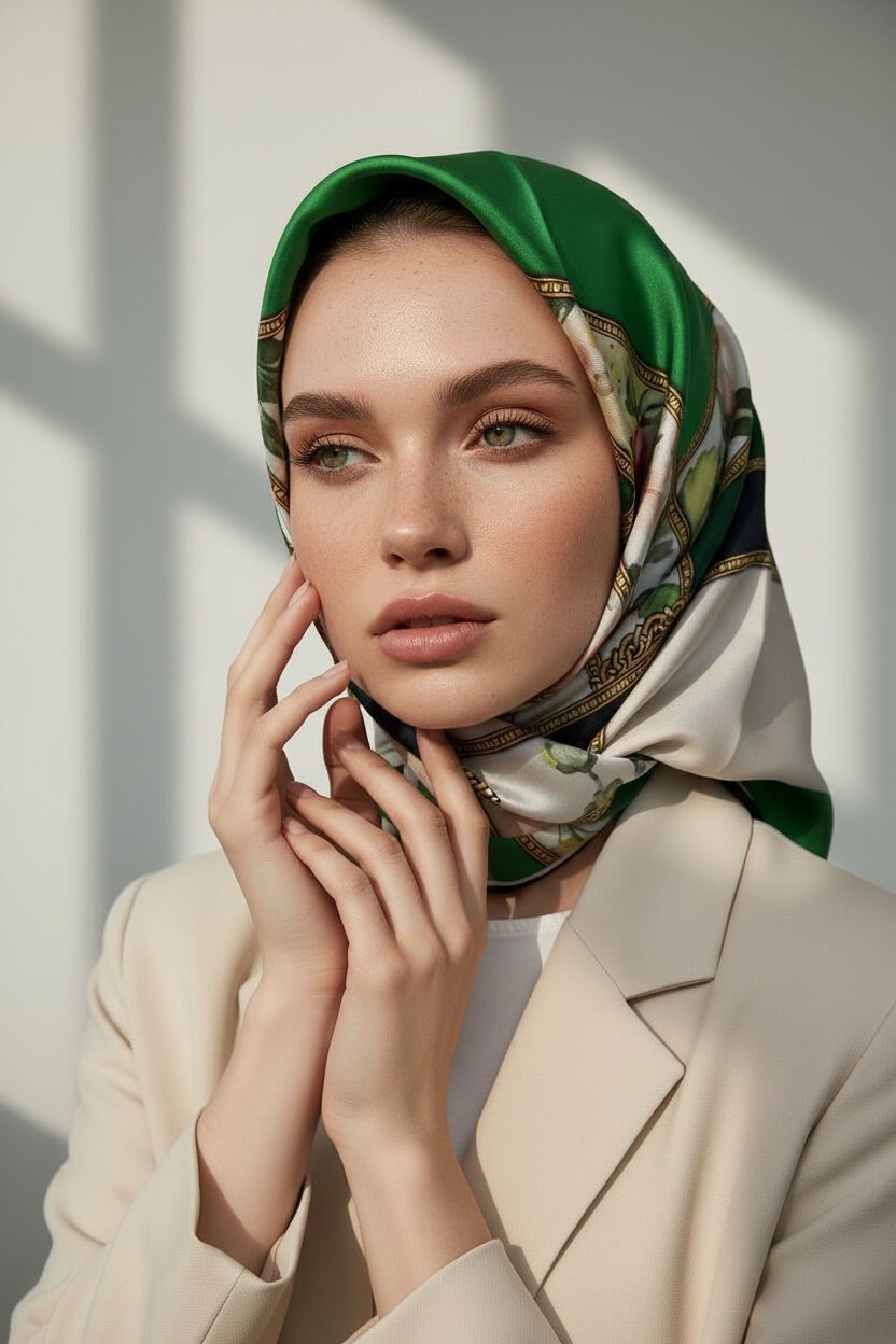 100% Twill İpek Şeritli Çiçek Desenli Zümrüt Yeşili - Krem Renkli 90x90 Dikim Şekli : El Dikişi Eşarp