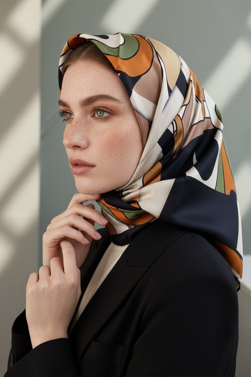 % 57 İPEK % 43 VİSKON Twill İpek Geometrik Desenli Taba - Haki Renkli 90x90 Dikim Şekli : El Dikişi Eşarp