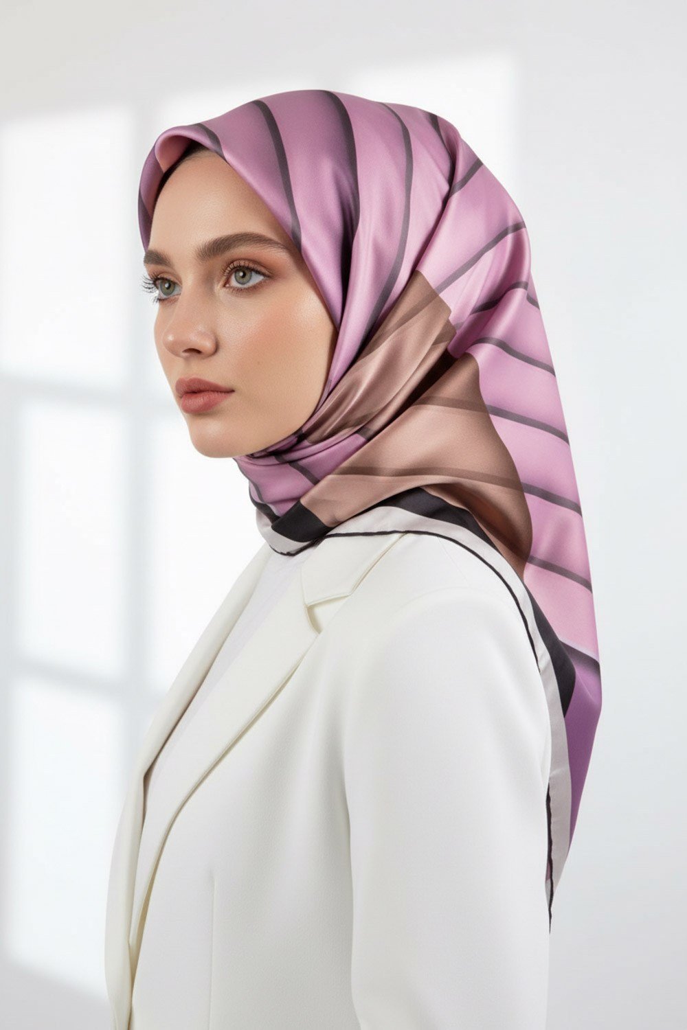 Rayon Zikzak Çizgi Desenli Lila Renkli 90x90 Eşarp (İpek İçermez) Dikim Şekli : El Dikişi