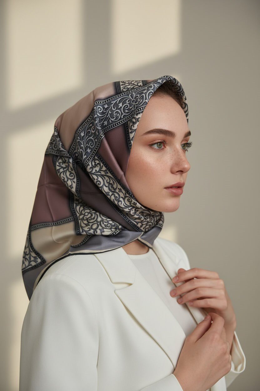 %100 Twill İpek Geometrik Desenli Gri - Pudra Renkli 90x90 Eşarp Dikim Şekli : El Dikişi