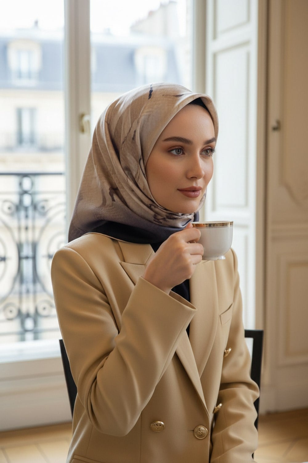 %100 Twill İpek Suluboya Çiçek Desenli Bej - Taş Renkli 90x90 Eşarp Dikim Şekli : El Dikişi
