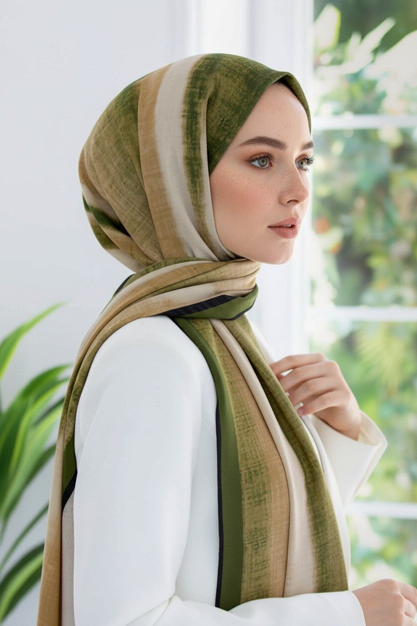 KREP BATİK DESENLİ HAKİ RENKLİ 75X195 KIRIŞMAZ ŞAL