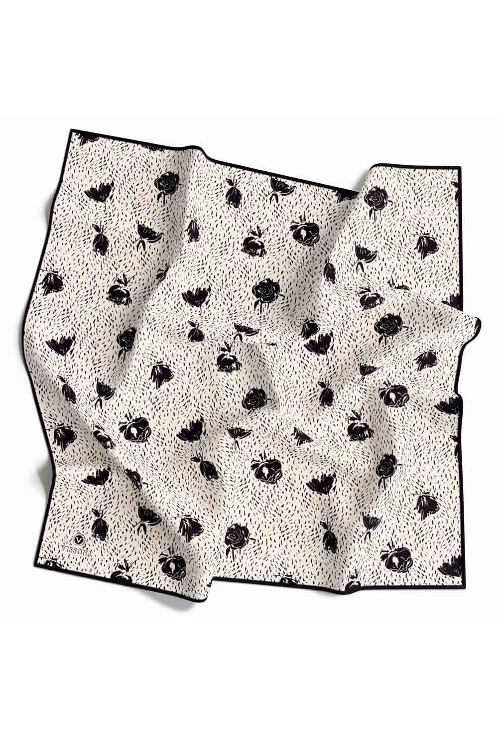 %100 Twill İpek Çıtır Çiçek Desenli Krem - Siyah Renkli 90x90 Eşarp Dikim Şekli : El Dikişi