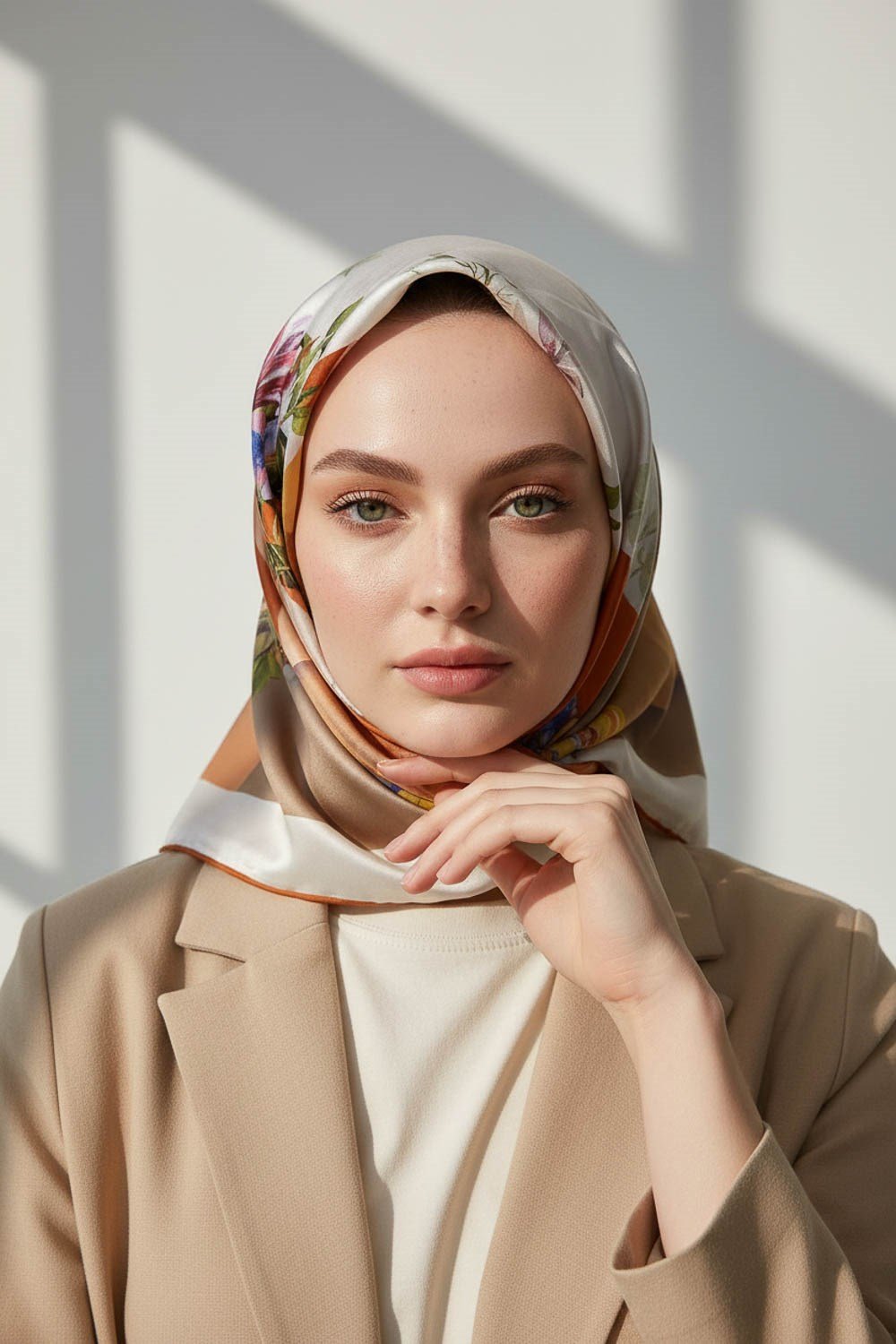 %100 Twill İpek Kareli Ve Çıtır Çiçek Desenli Taba - Gold Renkli 90x90 Eşarp Dikim Şekli : El Dikişi