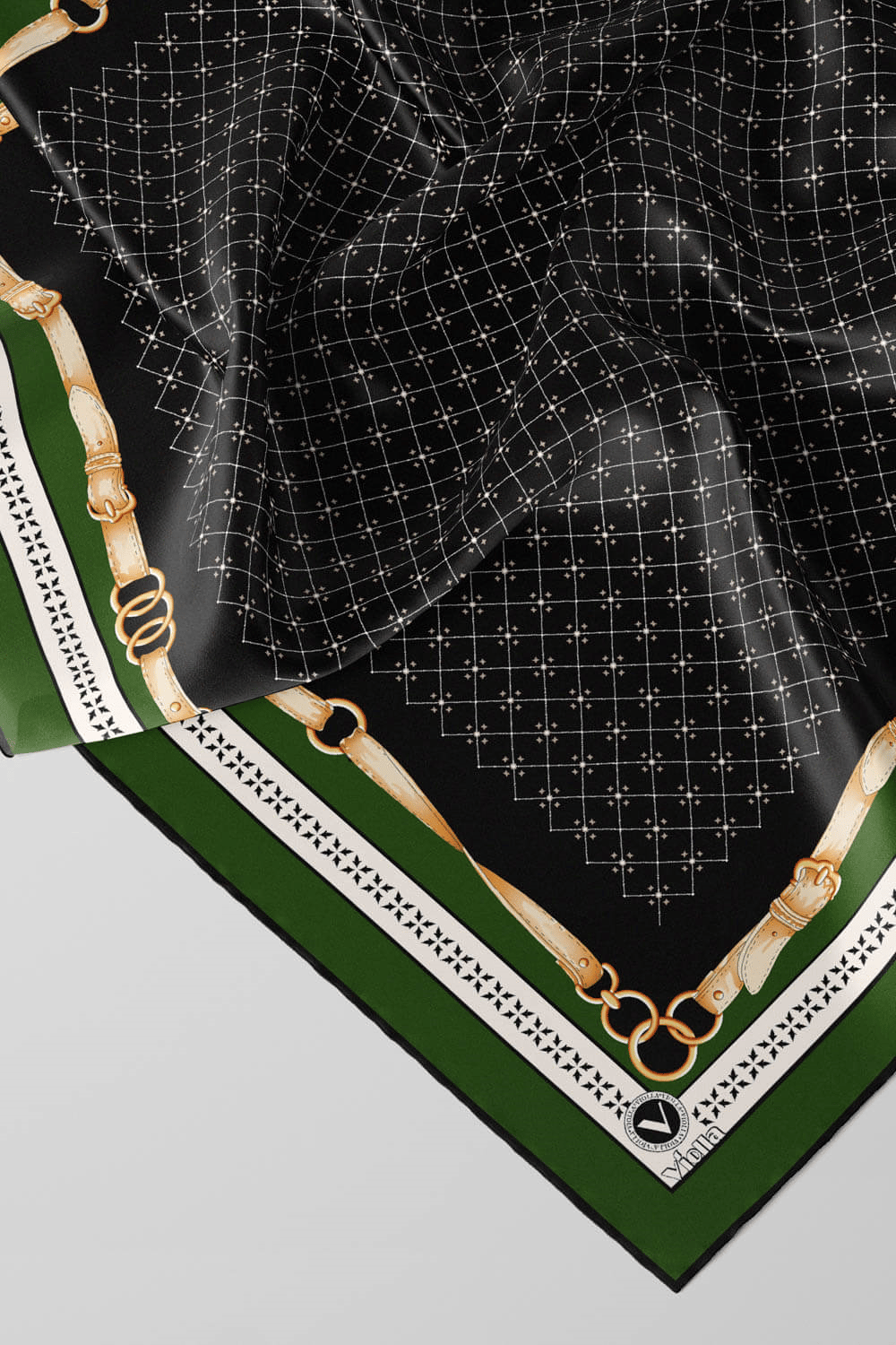 Twill Kemerli ve Çıtır Motifli Desenli Zümrüt Yeşili Renkli 90x90 Eşarp (İpek İçermez) Dikim Şekli : El Dikişi