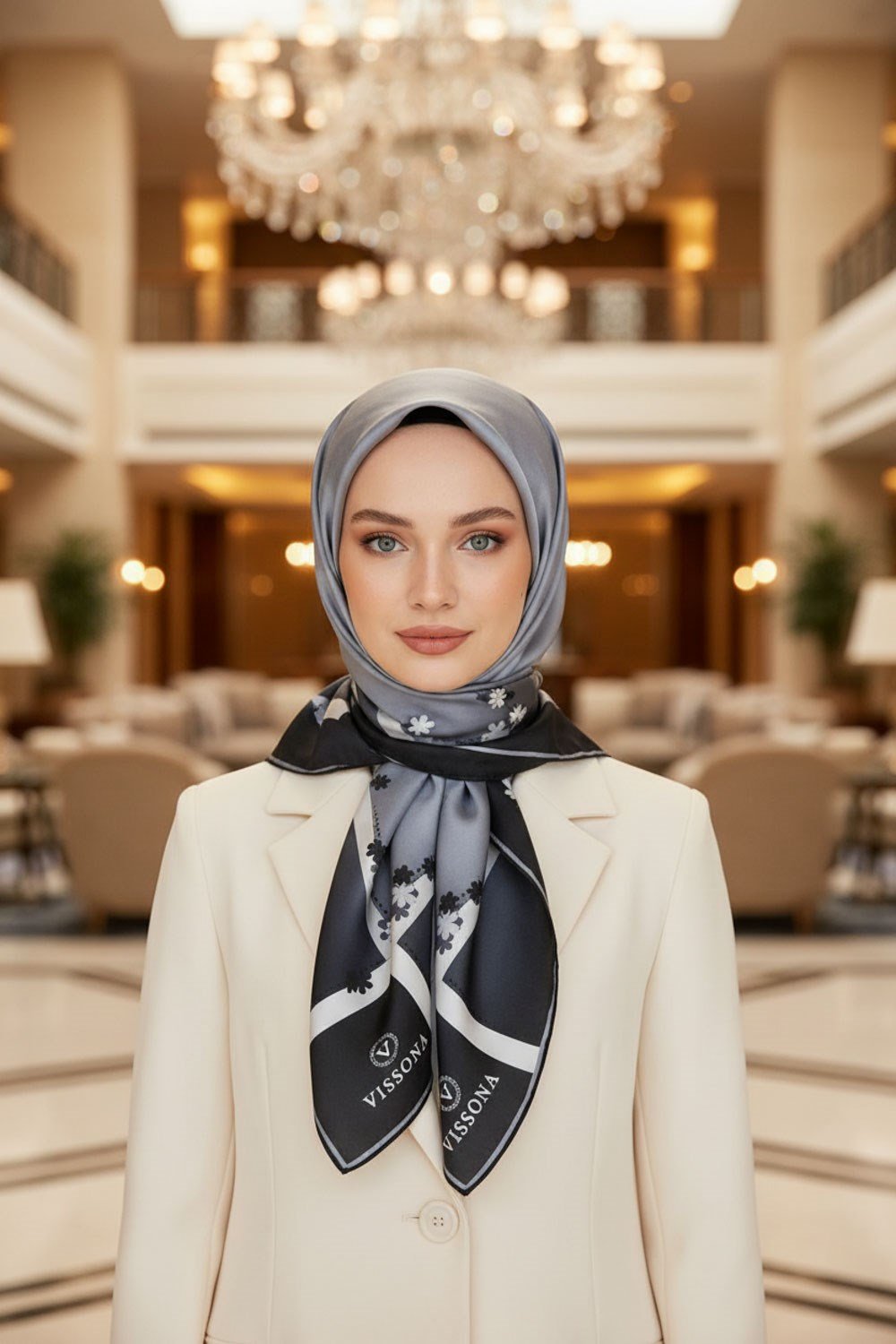 %100 Twill İpek Kenar Motifi Çiçek Desenli Gri - Gümüş Renkli 90x90 Eşarp Dikim Şekli : El Dikişi