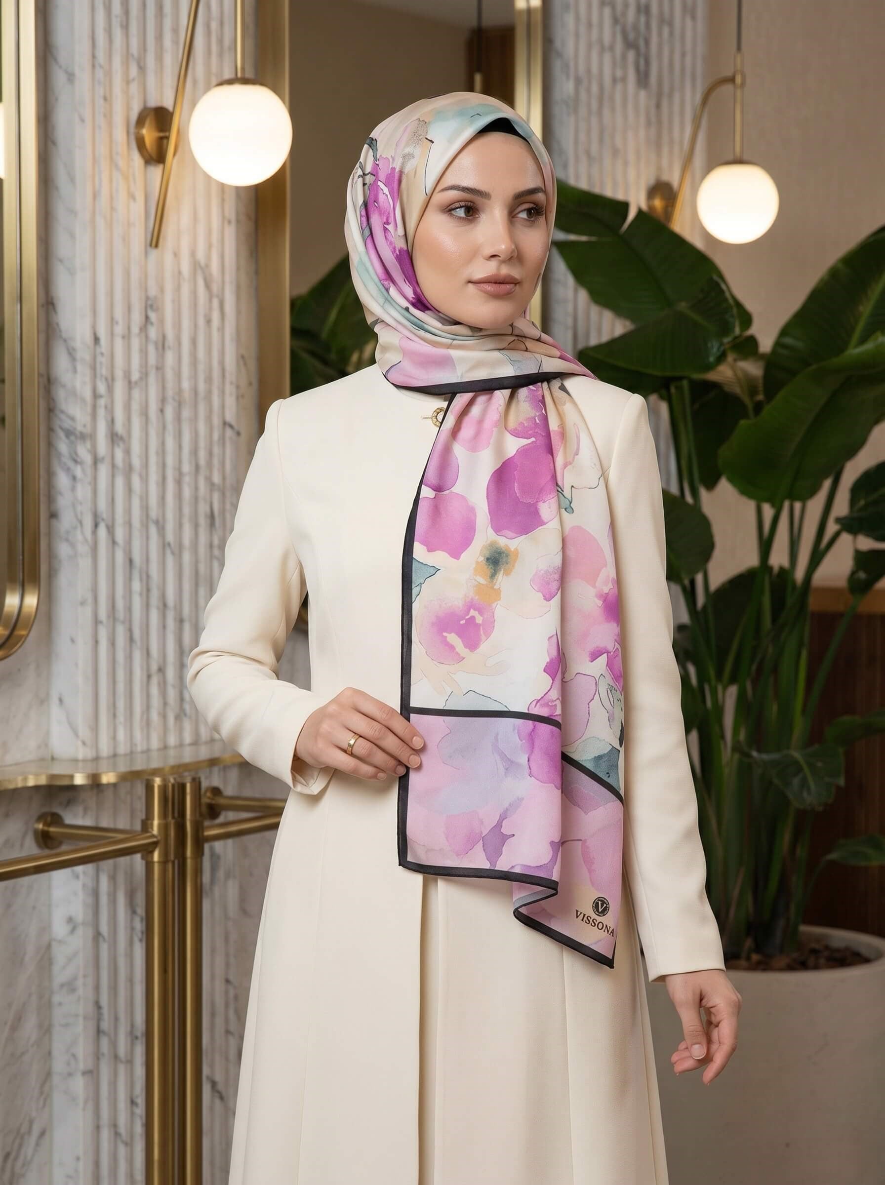 %100 Saf İpek Şal İnce Saten Vual Dokuma Suluboya Çiçek Desenli Mürdüm Renkli 90x210 Şal