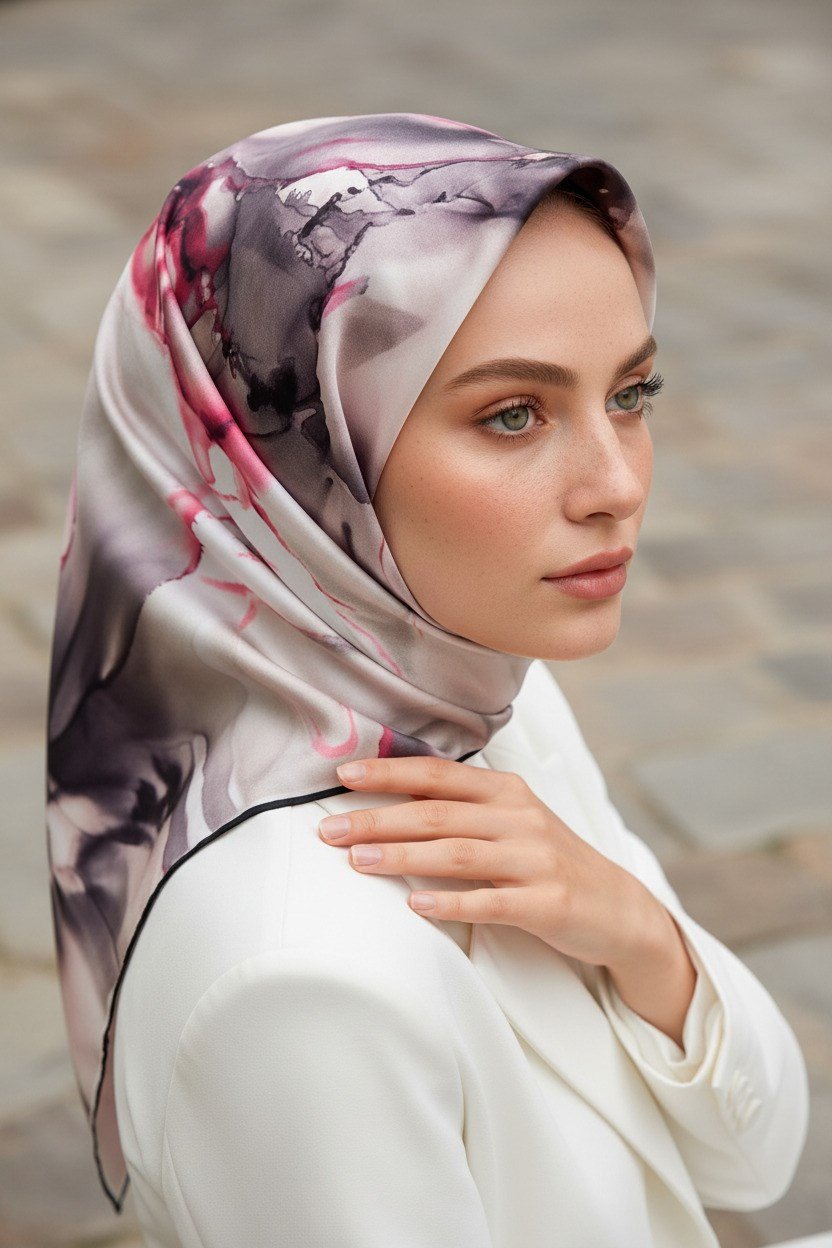 %100 Twill İpek Batik Çiçek Desenli Gri - Pembe Renkli 90x90 Eşarp Kenar Dikiş Şekli El Dikişli