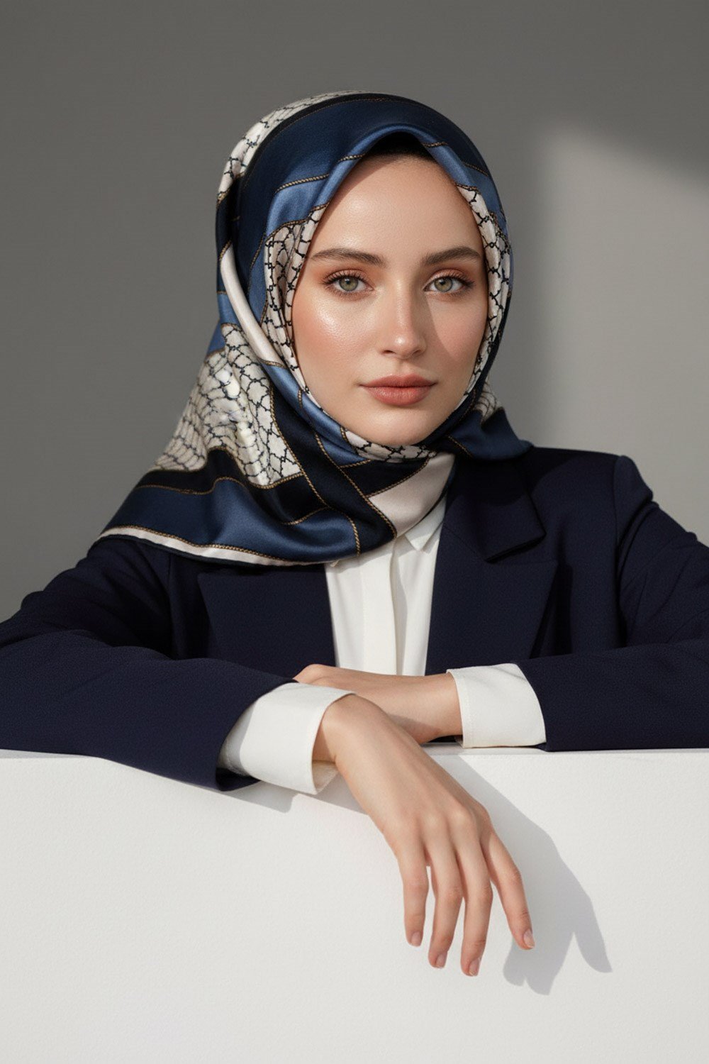 %100 Twill İpek Geometrik Desenli Lacivert - İndigo Renkli 90x90 Eşarp Dikim Şekli : El Dikişi