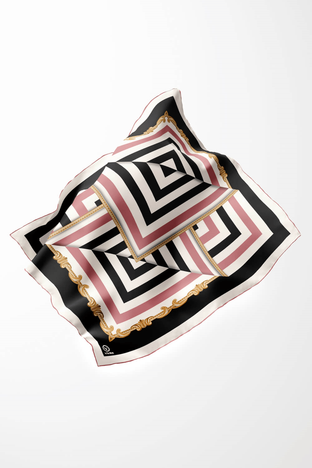Twill Geometrik Desenli Pudra Renkli 90x90 Eşarp (İpek İçermez) Kenar Dikiş Şekli El Dikişli