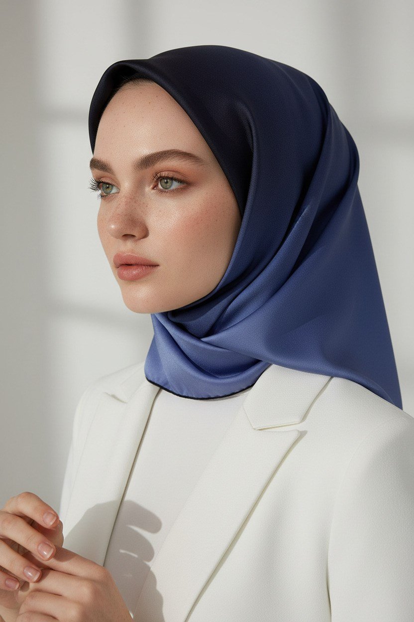 %100 Twill İpek Degrade Desenli Lacivert Renkli 90x90 Eşarp Dikim Şekli : El Dikişi