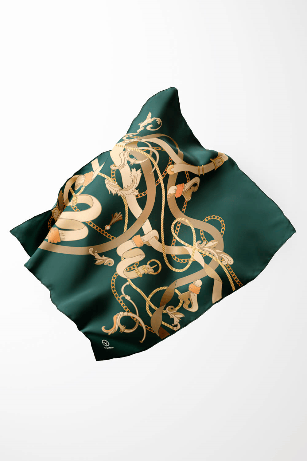 Twill Kemerli Ve Zincir Desenli Petrol Yeşili Renkli 90x90 Eşarp (İpek İçermez) Kenar Dikiş Şekli El Dikişli