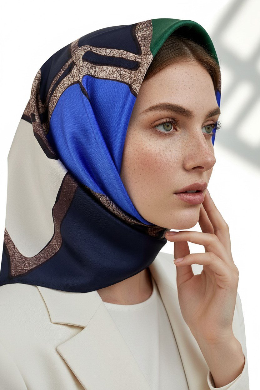 % 57 İPEK % 43 VİSKON Twill İpek Gold Efektli Geometrik Desenli Lacivert - Zümrüt Yeşili Renkli 90x90 Eşarp Dikim Şekli : El Dikişi